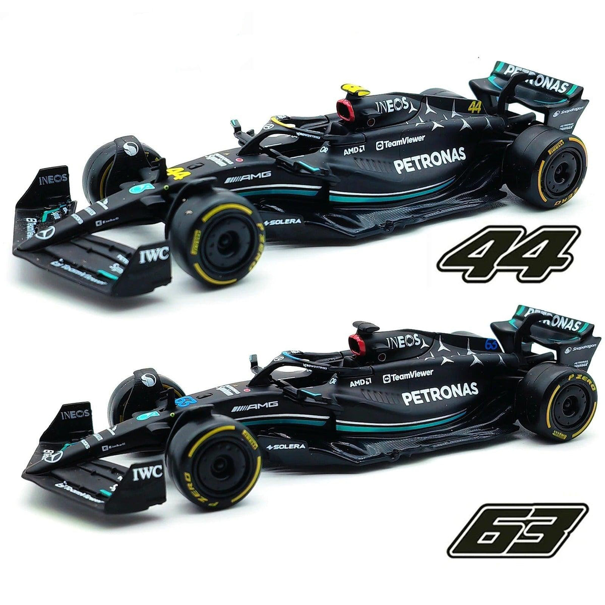 Miniatura Mercedes-AMG Petronas F1 Team W14 2023, Escala 1:43, #44 Hamilton, #63 George Russell